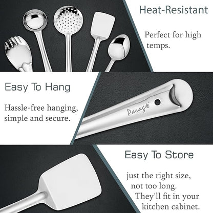 5 Pieces Stainless Steel Kitchen Tools Set for Kitchen Cooking and Serving, Pack of 5, Ladle(Karchhi), Skimmer(Jhara), Turner/Spatula (Palta), Basting and Rice Spoon, Silver